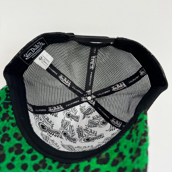 Von Dutch Trucker Hat Lime Green Cheetah Velvet Embroidered Logo Patch Snapback - Picture 4 of 5